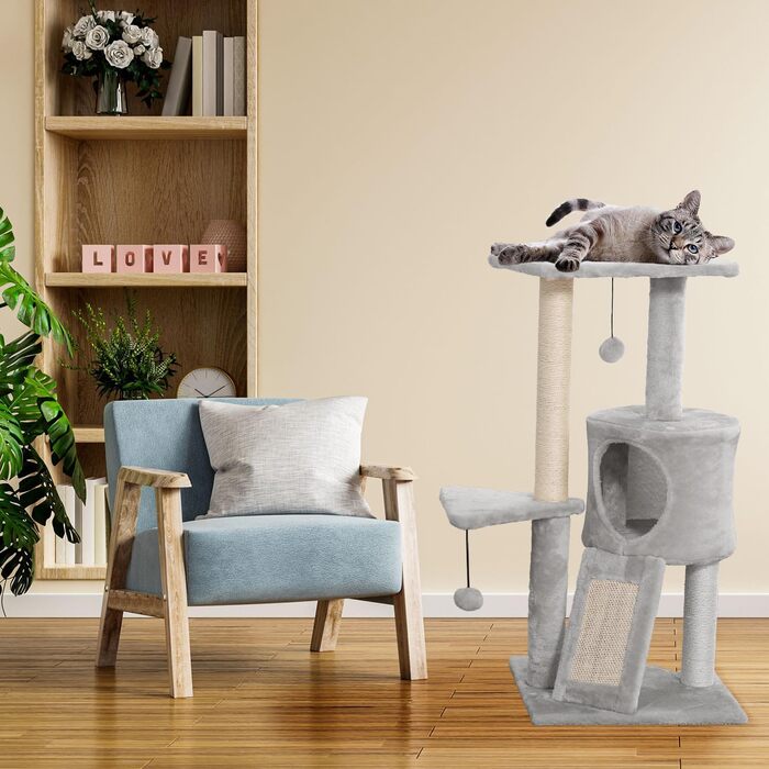 Дряпак для котів PATAM з натурального сизалю з котячою печерою та рампою, посилена основа та легка збірка – висота 83,5 см, іграшки Бежевий (Світло-сірий)
