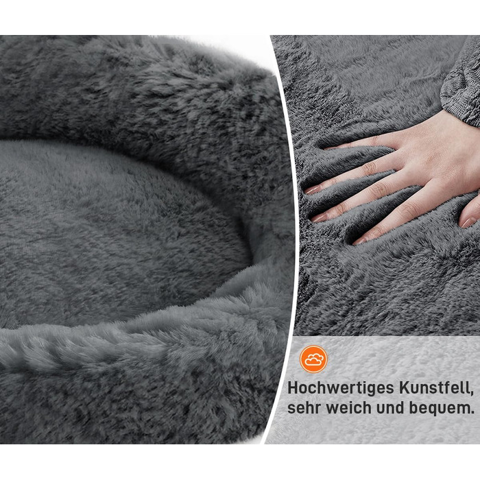 Кругле ліжко для собак O·Lankeji з м'якого флусу, штучного хутра, знімний кошик, нековзна основа, для маленьких, середніх та великих собак, M-⌀60см (M-⌀60см, Антрацит)