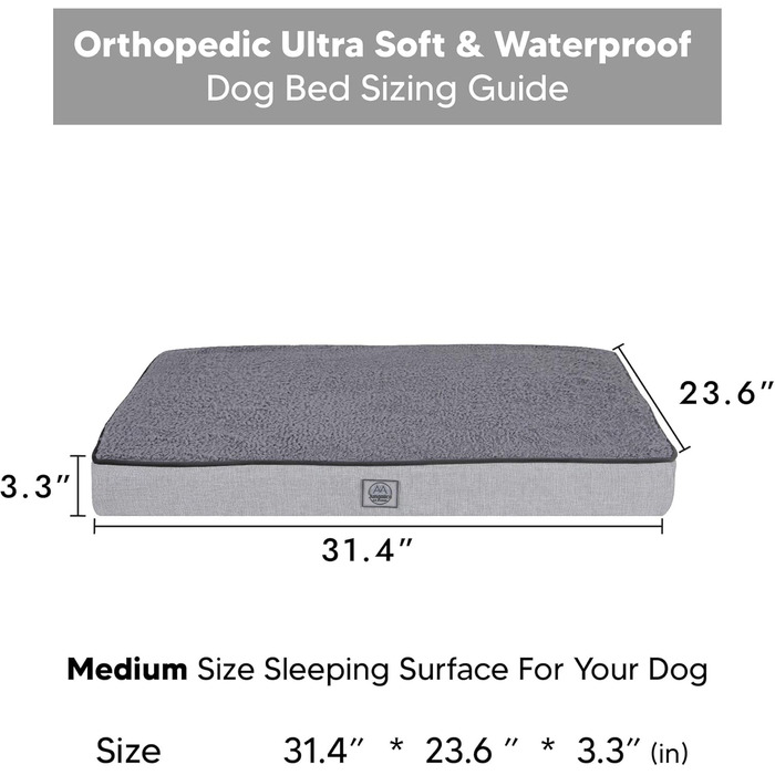 Ортопедичне ліжко для собак середнього розміру, вологостійке, з ультрам'якою піною, знімний, пральний чохол та неслизьке дно, білий та сірий колір, розмір Medium (31.4'L x 23.6'W x 3.1'H)