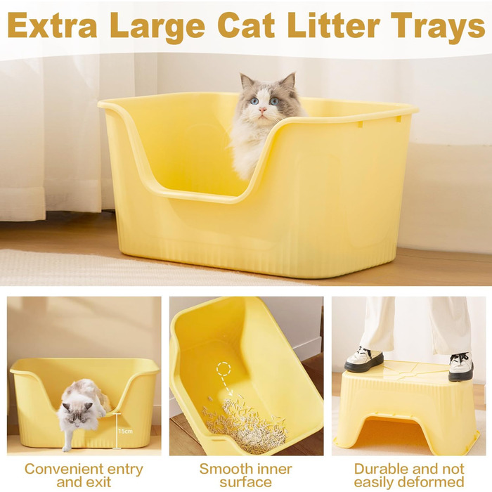 Відкритий лоток для котів Duscdesp 64x45x33 см з високим бортиком, сірий. Великий лоток для котів, без кришки, стійкий до розбризкування, підходить для великих котів та кошенят.