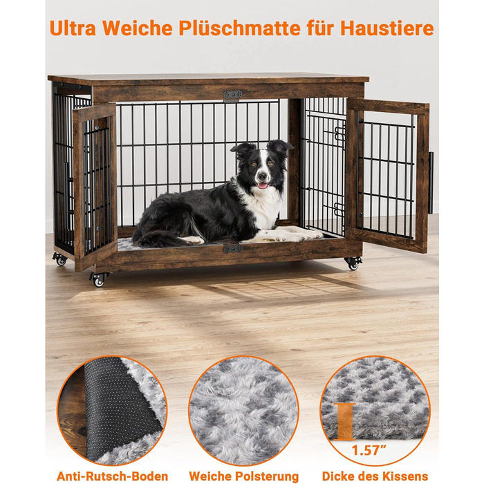 Кіяпа - Будка для собак у дім з подушкою, сучасна будка для собак з двома дверцятами та колесами, для великих собак до 70 кг, 98x64x68 см, (Рустичний коричневий, L)