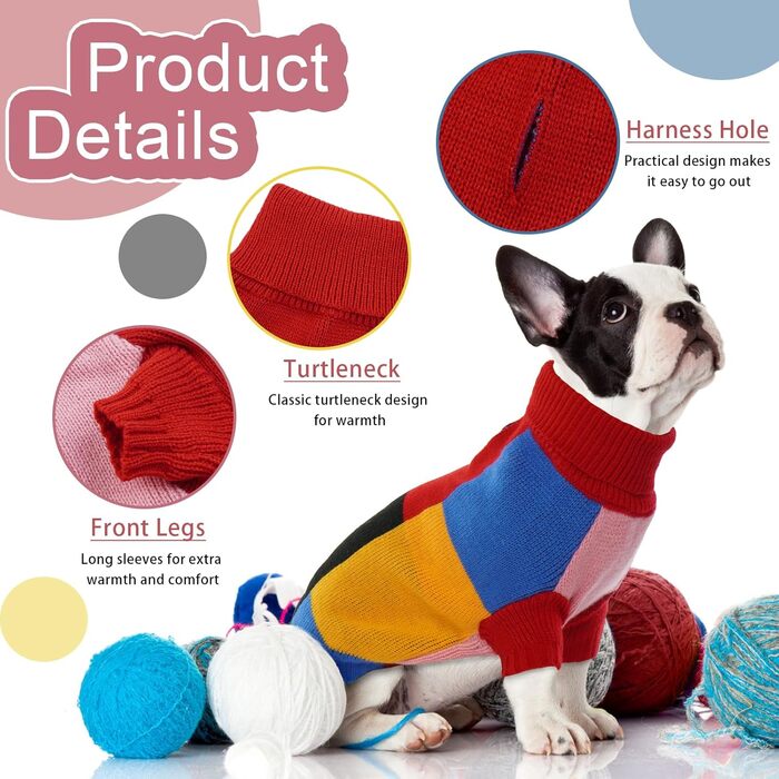 Вовняний пуловер для собак Hjumarayan, вінтажний стиль, отвір для повідка, блоковий колір, пуловер з коміром-стійкою для маленьких собак, теплий, червоний S