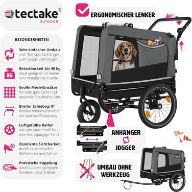 Мультифункціональний велопричіп для собак tectake®, складаний, до 40 кг, для велосипеда, електровелосипеда, джогер, баггі, з безпечним оснащенням