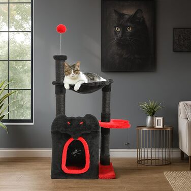 BYBYME Готичний кігтеточка для Хелловіну, 84.5 см, стійкий комплекс для котів з ліжком, будиночком, гамаком, кігтеточками з сизалю, багатофункціональна котяча іграшка (Чорний/Червоний), підлоговий, 96.5 см