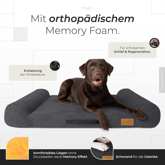 FREUDENTIER® ортопедичне ліжко для собак з Memory Foam, супер м'яке, миється, Made in Europe, підходить для собак маленьких, середніх та великих порід (110x64см), колір Dark