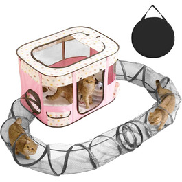 Клітка-забіг для цуценят, переносна огорожа для тварин, рожева клітка-забіг з тунелем (M)