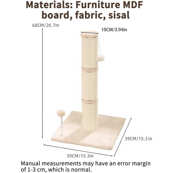 Котячий будиночок з дряпалкою Marchul для великих котів з м'яким плюшем та іграшкою, 68 см, бежевий