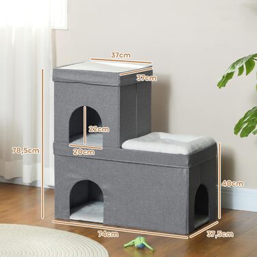 Будиночок для котів PawHut з 3 рівнями, котяча хатка з лежаком і подушкою, для котів і собак до 5 кг, 74x37,5x78,5 см, сірий