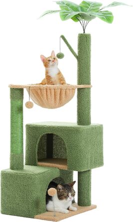 PURRPURCAT Когтеточка-дерево з 2 котячими будиночками, гамаком і знімними помпонами, котячий турнікет для малих і середніх котів, зелений