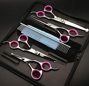 Набір професійних ножиць для грумінгу тварин CLQ: 5 шт. для собак та котів, з нержавіючої сталі 4CR, безпечні, з титановим покриттям (рожевий)
