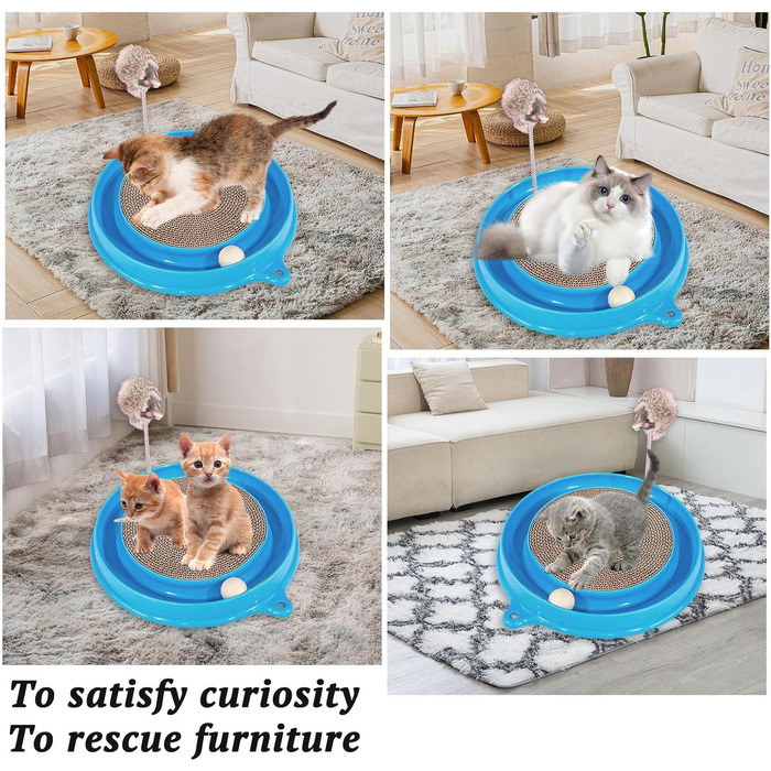 Кігтеточка для котів з м'ячиком та іграшковою мишкою - інтерактивна іграшка для кошенят, тренування та розваги. Ігровий мат для котів, синій.