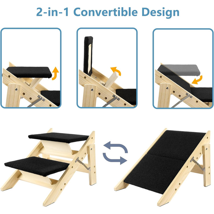 Двостороння дерев'яна пандус для собак з 2 сходинками, 58 см - пандус та сходи для маленьких та середніх собак
