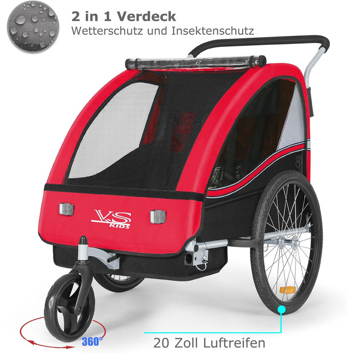 Дитячий причіп Tiggo VS 2-в-1: причіп для велосипеда та коляска-візок, червоний