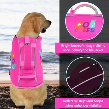 Жилет для плавання собак Dogcheer з подвійним рятувальним ручним захопленням, високою плавучістю, для човнів, плавання, з світловідбиваючими елементами, регульований, PFD для маленьких, середніх собак, рожевий