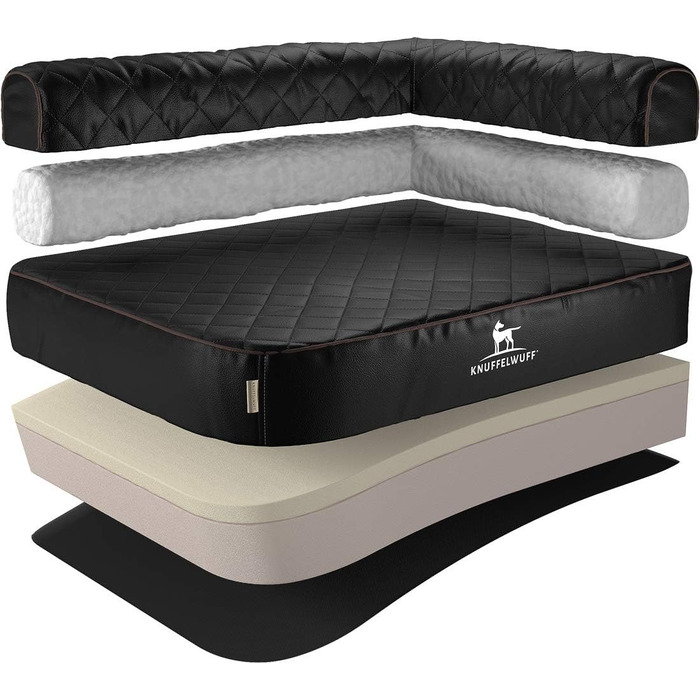 Ортопедичне кутове ліжко для собак Knuffelwuff Winslow з чорного лазерно-прошитого штучного шкіряного покриття, розмір L 85 x 63 см, збірна спинка, знімний чохол, легко миється, підходить для великих, середніх та малих собак. Розміри: 85 x 63 x 22 см.