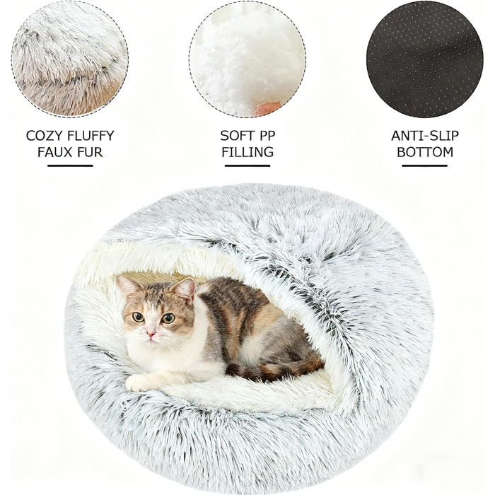 М'яке ліжко для домашніх тварин: ліжко для котів та собак, плюшеве, тепле, з капюшоном, антиковзаюче, сіре (65 см Ø)