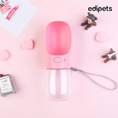 Edipets: портативна пляшка для води для собак, 350 мл, антибактеріальна, без витоку, BPA-free, для активного відпочинку (Рожева)