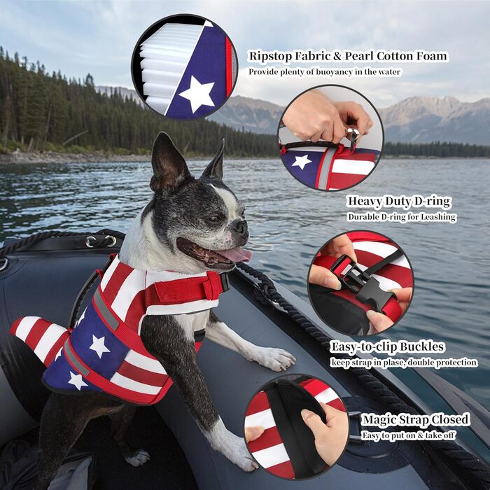Жилет для плавання для собак Dogcheer з плавниками акули, американським прапором, світловідбиваючими смугами та ручкою для порятунку, регульований, з високою плавучістю, для цуценят, собак середніх та великих порід, червоний та темно-синій