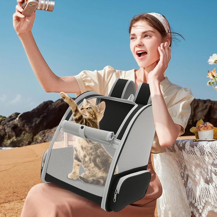 Складаний рюкзак для кота, рюкзак для домашніх тварин з сіткою, портативний рюкзак для собак з м'якою підстилкою до 6,8 кг, дихаючий рюкзак-переноска для собак, подорожей, прогулянок (сірий)