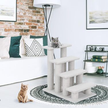 Котяча та собача драбинка COSTWAY, 4 сходинки, до 25 кг, 61x41x60 см, з ДСП і штучного флісу, бежевого кольору – сходи для тварин, ігровий комплекс
