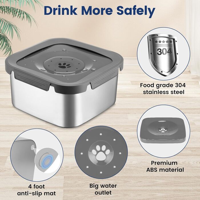 Миска для води PETTOM для собак 4,5 л, нейлонова, проти розбризкування, з нержавіючої сталі, захист від протікання