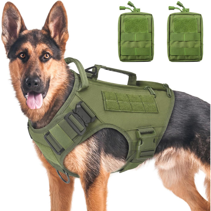 Тактична шлея для собак AIWAI, зелена, розмір L, з Molle-панелями, металевою пряжкою, боковими кишенями та 2 сумками, для середніх і великих порід, для дресирування та сервісу