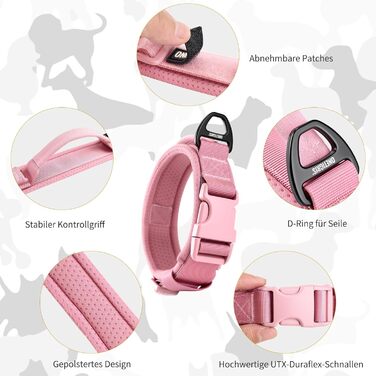 Нашийник для собак OneTigri, тактичний, м'який, з широкою кунттофчасною застібкою та кільцем з алюмінієвого сплаву, (30-40 см), рожевий, XS