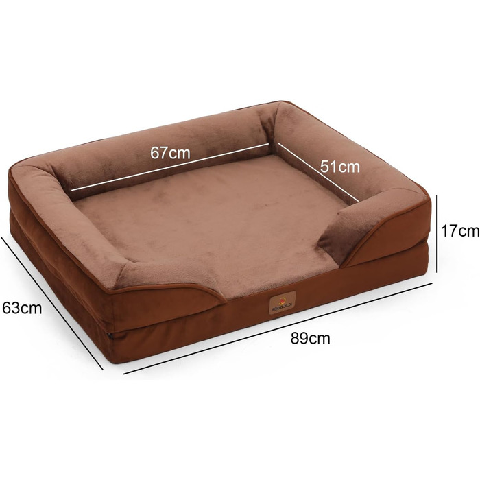 Ортопедичне ліжко для собак великих порід, ергономічне диван-лежанка з піною у формі подушки, водовідштовхуваче ліжко з неслизьким покриттям, 89x63 см, світло-сірий, коричневий, розмір 89 x 63 x 17 см