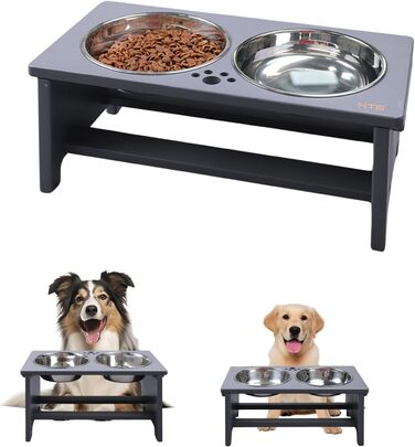 Підвищені годівниці для собак HTB, бамбук, 2 миски з нержавіючої сталі, 44x24x18 см, 18 см висота, сірий колір