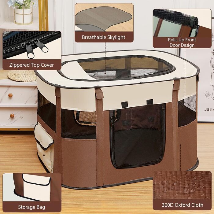 Складана огорожа для собак, вольєр для цуценят, переносний вольєр для тварин, вольєр для цуценят для дому, складаний вольєр для кошенят, собак, кроликів, L (Сірий) (Коричневий, 110 * 85 * 58 см)