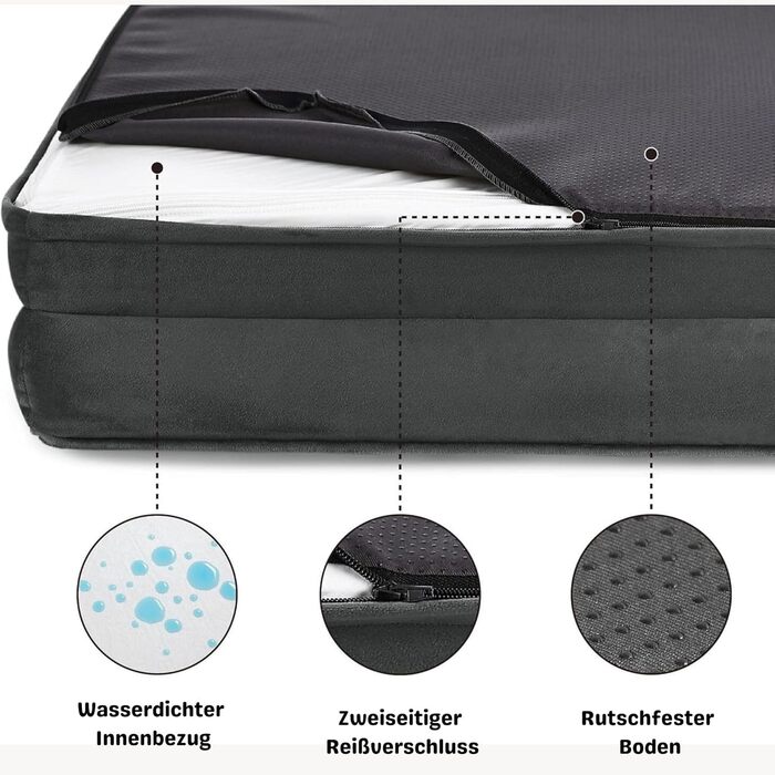 Ортопедичне ліжко для собак середніх та великих порід CORTESPETS® - диван для собак, знімний та пральний чохол, високі бортики, м'яке ліжко з Memory Foam, вологостійке, сірого кольору, 90 x 64 x 17 см