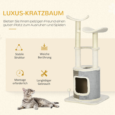 Міцна кігтеточка PawHut, котяче дерево з котячою печерою, платформи, сизалева колона, ігровий м'яч, кремово-білий, 48 x 48 x 110 см | Аосом