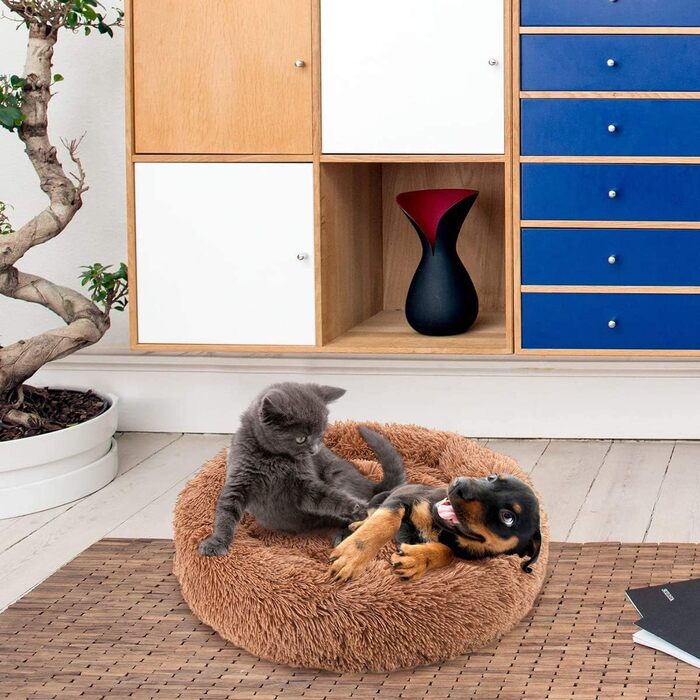Круглий лежак для собак і котів, коричневий, 80 см. Знімний м'який плюшевий кошик з водонепроникним дном. Підходить для собак і котів.