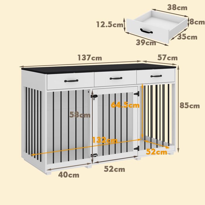 Елегантна собача будка-переноска XXL з шухлядами 137x57x85 см – чорно-біла меблі для собак
