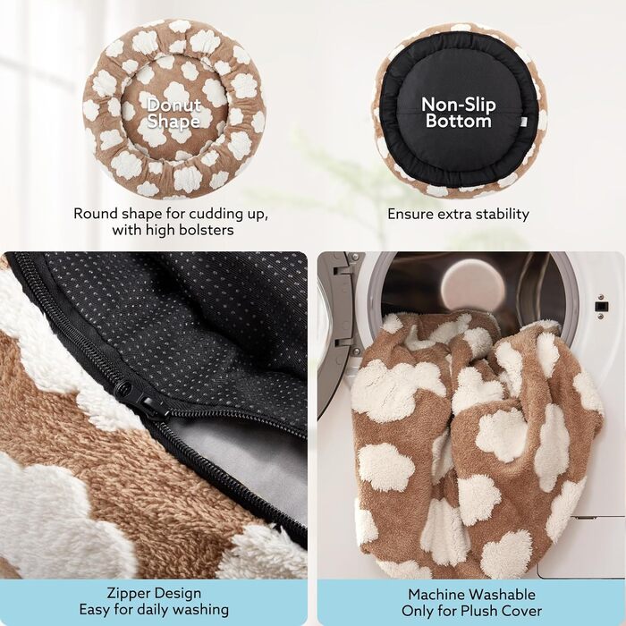 Кругле ліжко для собак JOEJOY Donut, м'яке, ортопедичне, знімний чохол, колір коричневий, розмір M (30x30x8)