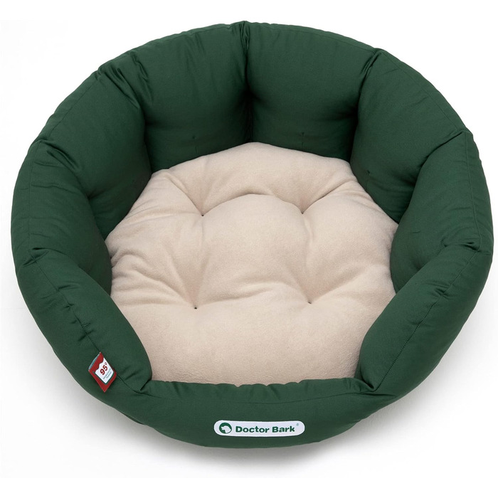 Ліжко для собак Doctor Bark - кругле, м'яке, середнього розміру, з ортопедичною подушкою та іграшкою-кісткою. Можна прати до 95°C. Виготовлено в Німеччині (M - 50x40 см, Зелений/Бежевий)
