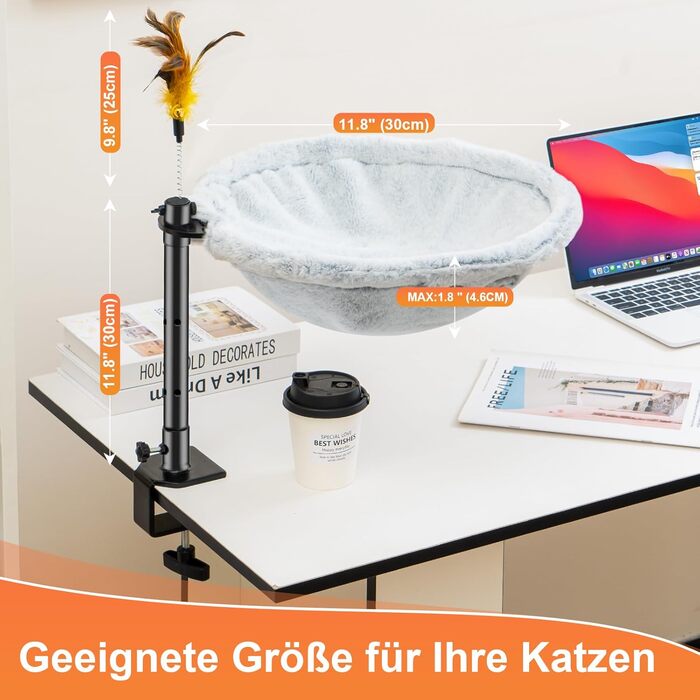 Крісло-гамак для кота Uross на стіл - 360° обертання та регулювання висоти, м'яке, з 2 знімними чохлами, для дому та офісу, цілорічне використання (одношарове, сіре)
