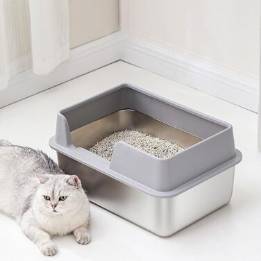 Мала котяча туалетна з нержавіючої сталі 50x35x20 см з кришкою та совком, металева сіра лоток для котів, легка у догляді
