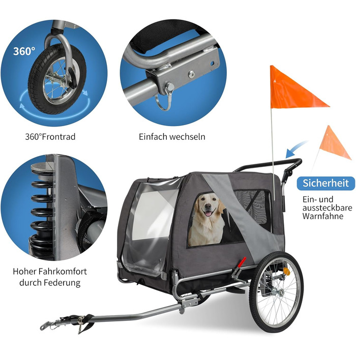 Причіп для собак 2-в-1 Hundefahrradanhänger Jogger до 40 кг - легкий, з посиленим дном та прапорцем безпеки
