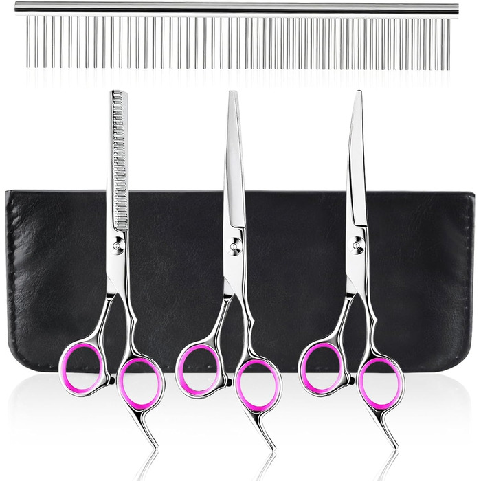 Набір професійних ножиць для грумінгу собак та котів, 5 шт. з нержавіючої сталі: ножиці для підстригання, ножиці для витончення, ножиці з вигнутим лезом, ножиці для стрижки лап, гребінець для грумінгу