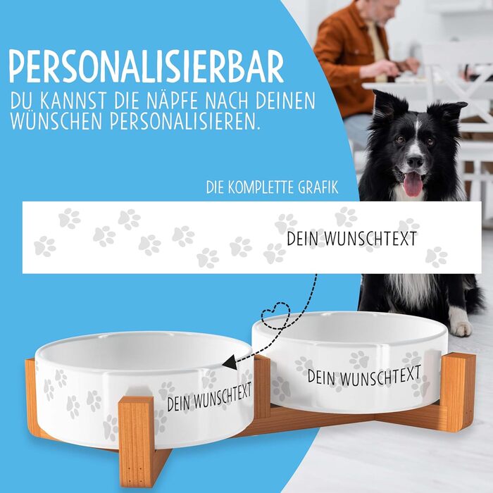 Персоналізована годівниця для собак OWLBOOK з іменем або текстом, подвійний набір мисок з кераміки та бамбуковим каркасом, 300 мл