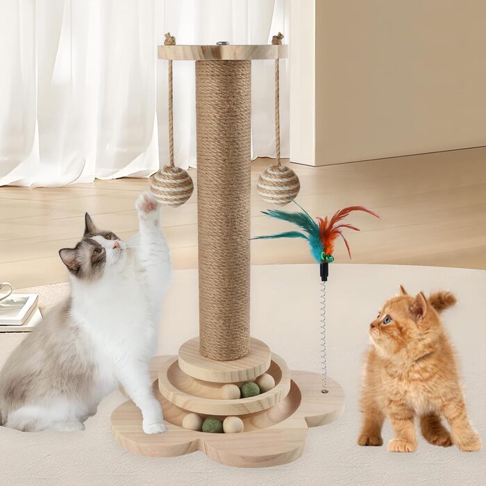 Іграшка для котів 4 в 1: когтеточка, інтерактивна іграшка з кульками, мотузка з сизалю, дерев'яна квітка