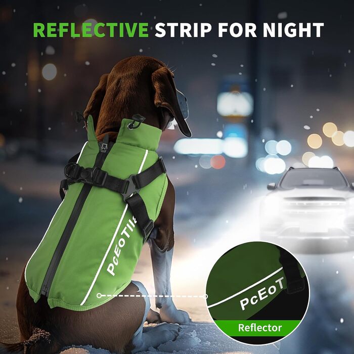 Водонепроникний теплий зимовий одяг для собак - куртка-комбінезон для маленьких собак, з отвором для повідка, відбиваючий, зелений