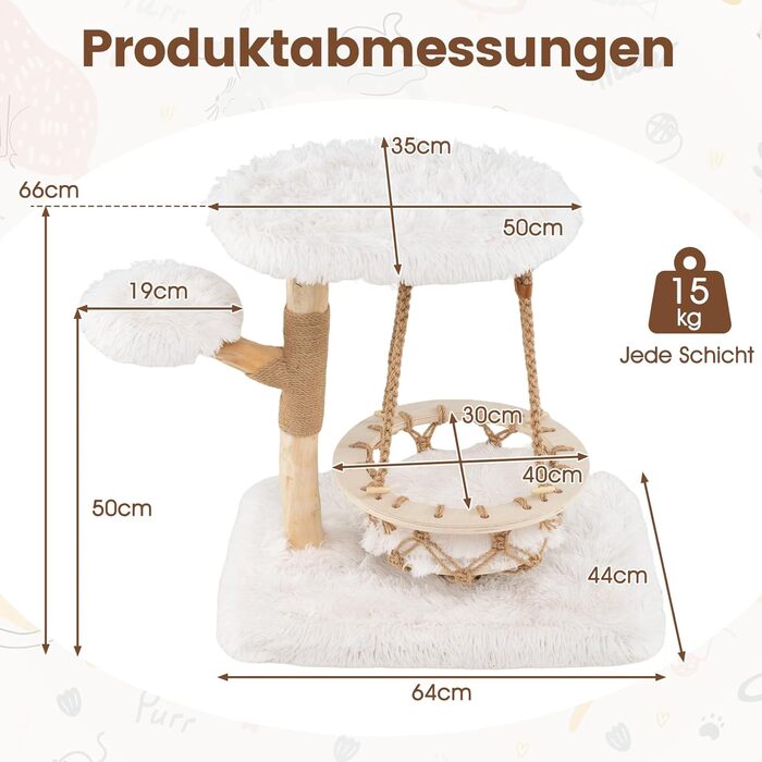 Дерев'яний кігтеточки для котів Costway з гамаком, мотузкою, гілками, стійкою з джуту, 2 стійками та платформою, 66 см