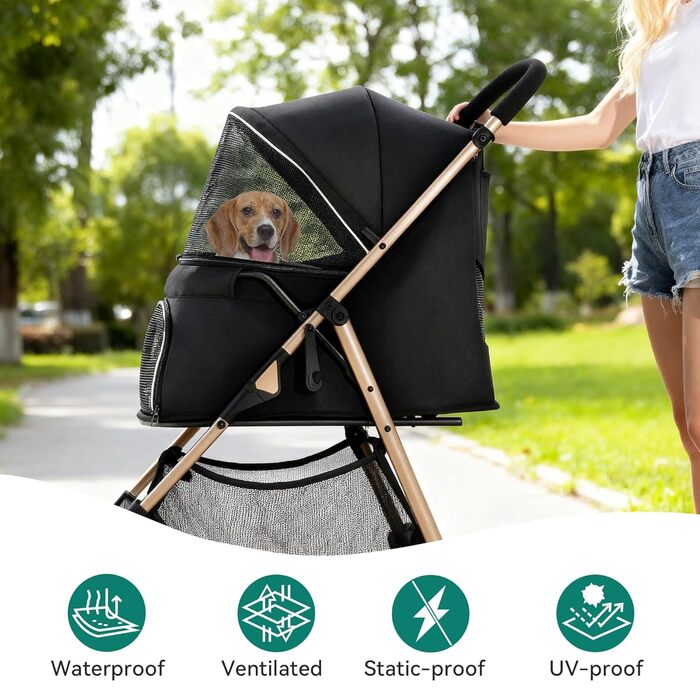 Візок для собак та котів YITAHOME 15 кг, 3 колеса, сітко-вікно, гальма, міцний, чорний