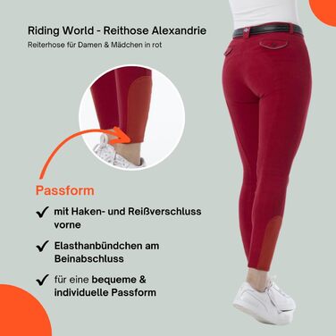 Верхні штани для їзди на конях Riding World Alexandrie для жінок та дітей | Еластичні штани з накладкою на колінах | з кишенями спереду | Легінси для верхової їзди в шести кольорах | Одяг для верхової їзди розмір 104-176 та 32-44, Зелений (38, Червоний)