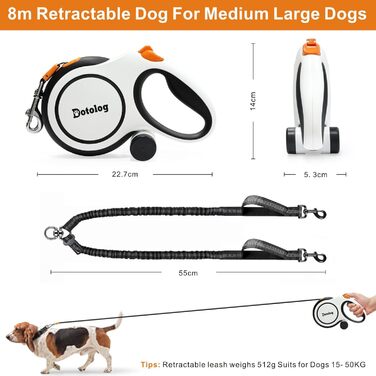 Рулетка для собак Dotolog, 8м, чорна - висувна повідка з подвійною лінією та запобіжною пряжкою