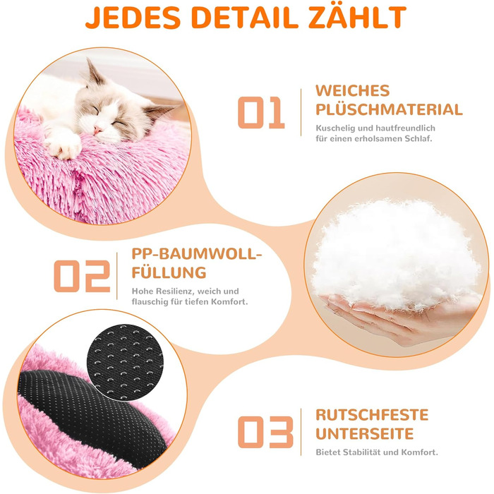 ALLSOPETS заспокійливе ліжко для собак і котів, плюшевий круглий лежак 70 см, нековзке дно, для малих і середніх порід, рожевий, пране