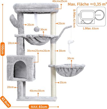 Кігтеточка для котів Heybly Kratzbaum 100 см: комплексна кігтеточка з платформою, гамаком, іграшками, сірого кольору HCT006SW