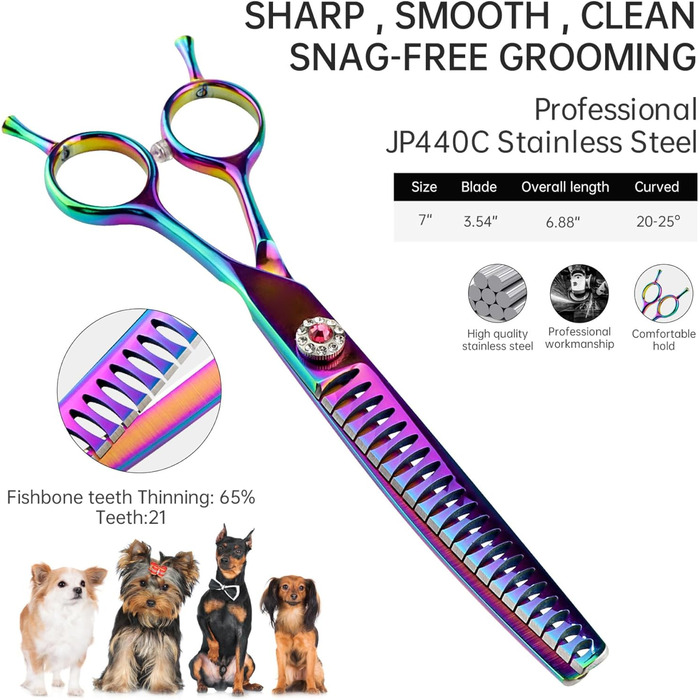 Вигнуті ножиці для грумінгу собак, 7 дюймів, портативні, легкі, кольорові, ножиці для догляду за домашніми тваринами, вигнуті ножиці Chunkers для собак
